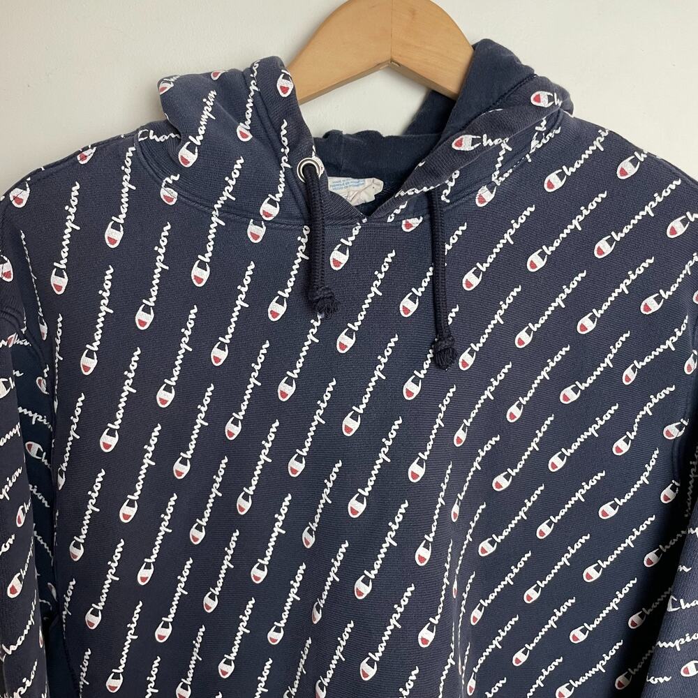 Vintage Y2K Champion Reverse Weave All-Over Logo hoodie‎ XL Streetwear Retro - Picture 3 of 8